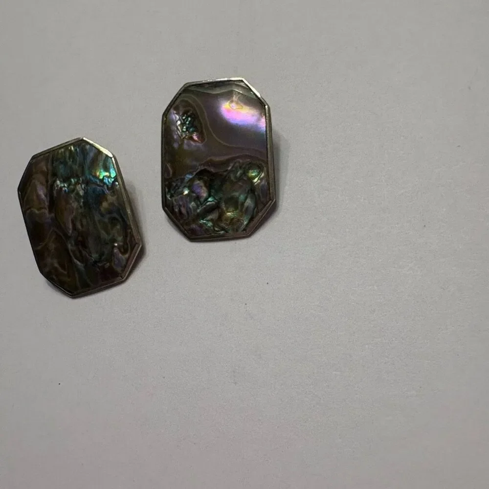 Vintage Alpaca Mexico Abalone Clip on Earrings Purple Green Blue Costume Jewelry